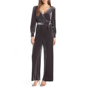 Eliza J Wrap Draped Look Long Sleeves V-neck Velvet Jumpsuit Gray Size 0